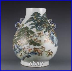 Antique China Hundred Deer Picture Ruyi Ear Zun Qianlong Large porcelain Vase