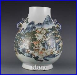 Antique China Hundred Deer Picture Ruyi Ear Zun Qianlong Large porcelain Vase