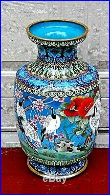 Antique Chines Large Cloisonne Polichrome Enameled Vase With Flying Cranes #1