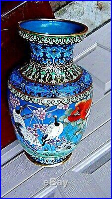 Antique Chines Large Cloisonne Polichrome Enameled Vase With Flying Cranes #2