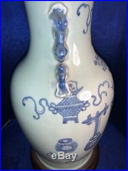 Antique Chinese 19th C Large Celadon Withblue Underglaze Vase Made Into Lamp 35