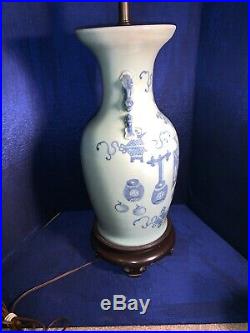 Antique Chinese 19th C Large Celadon Withblue Underglaze Vase Made Into Lamp 35