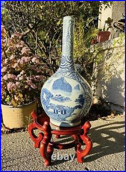 Antique Chinese Blue & White Ceramic Large Tall Asian Scenic Vase On Wood Stand