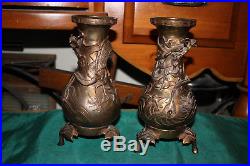 Antique Chinese Bronze Brass Vases-Pair-Large Dragon Birds Relief Design-Footed