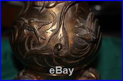 Antique Chinese Bronze Brass Vases-Pair-Large Dragon Birds Relief Design-Footed