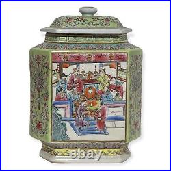 Antique Chinese Famille Rose Porcelain Large Hexagon Lidded Tea Caddy Ginger Jar