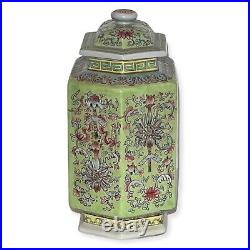 Antique Chinese Famille Rose Porcelain Large Hexagon Lidded Tea Caddy Ginger Jar