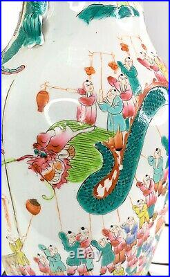Antique Chinese Famille Verte Fam Rose Porcelain Vase Large Lamp Figural