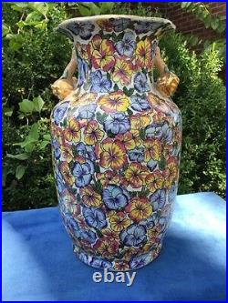 Antique Chinese LARGE Vase PANSY FLORAL CLOISONNE Gold Pear Handle Rose Famille