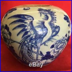 Antique Chinese Large Blue And White Ginger Jar Phoenix And Rose Height 18cm