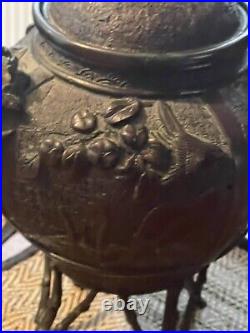 Antique Chinese Large Bronze Urn Pot With LID Ornate Flowers Birds Bamboo Legs