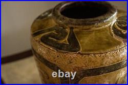 Antique Chinese Large Olive Glaze Paneled Martaban Storage Jar Shiwan Rustic