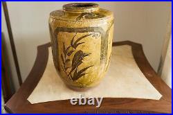 Antique Chinese Large Olive Glaze Paneled Martaban Storage Jar Shiwan Rustic