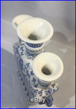 Antique Chinese Qing Dynasty Dragon Blue and White Large Three Spout Tulip Vase