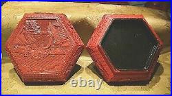 Antique Chinese Red Lacquer Large Cinnabar Immortals On Landscape Octaqgonal Box
