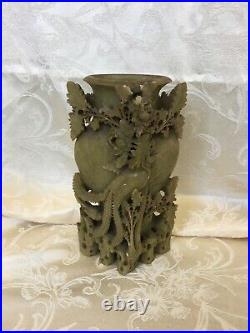 Antique Chinese Soapstone Vase, Asian Art Carving, Large Hand Carved Asian Vase