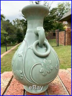 Antique Chinese Vase Large Celadon Glazed Carved Elephant Handles Porcelain