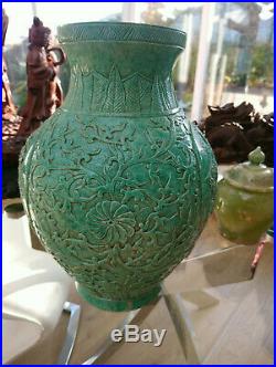 Antique Chinese large stunning carved Green Vase with quianlong marking to base
