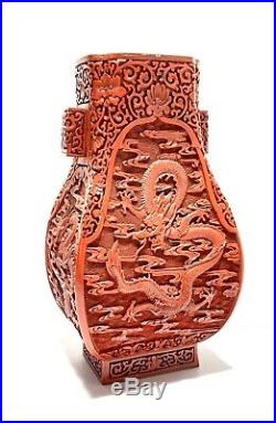 Antique Estate Chinese Heavily Carved Cinnabar Dragon Motif Large Vase 12