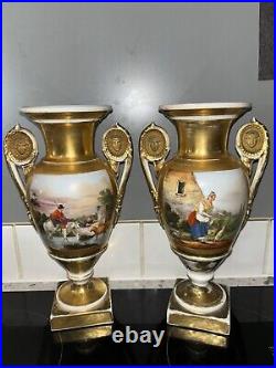 Antique French Empire Old Paris Porcelain Pair of Large Urns Vases Landscape