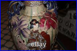 Antique Japanese Chinese Moriage Satsuma Large Floor Vase-Women & Flowers-LQQK