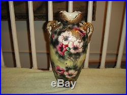 Antique Japanese Or Chinese Moriage Satsuma Vase-Painted Flowers-Handles-Large