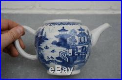 Antique Large 18th Century Chinese Export Blue and White Teapot Decor Pagoda