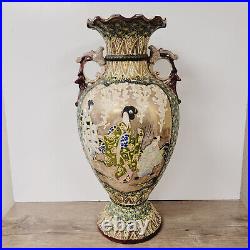 Antique Large Asian Satsuma Vase With Handles Urn 17.5t Hand Painted Beautiful