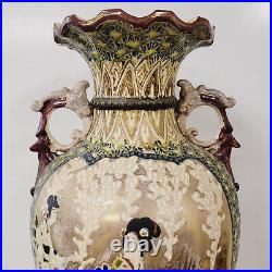 Antique Large Asian Satsuma Vase With Handles Urn 17.5t Hand Painted Beautiful