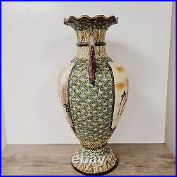 Antique Large Asian Satsuma Vase With Handles Urn 17.5t Hand Painted Beautiful