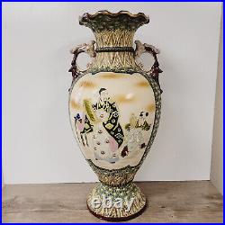 Antique Large Asian Satsuma Vase With Handles Urn 17.5t Hand Painted Beautiful