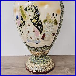 Antique Large Asian Satsuma Vase With Handles Urn 17.5t Hand Painted Beautiful