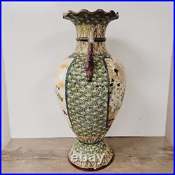 Antique Large Asian Satsuma Vase With Handles Urn 17.5t Hand Painted Beautiful