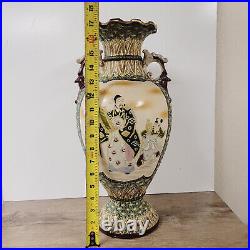 Antique Large Asian Satsuma Vase With Handles Urn 17.5t Hand Painted Beautiful