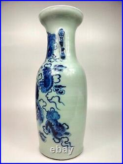Antique Large Blue & White Foo Dogs Porcelain Vase Chines Qing Dynasty 19th 57cm