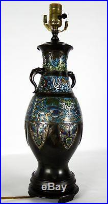 Antique Large Bronze Cloisonne Taoist Elephant Handle Vase Lamp