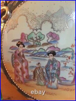 Antique Large Handled Chinese Famille Rose Moon vase with Geisha scenes 16x11inc