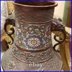 Antique Large Pair of Bronze Cloisonne Enamel Vases Asia Early 20th Century