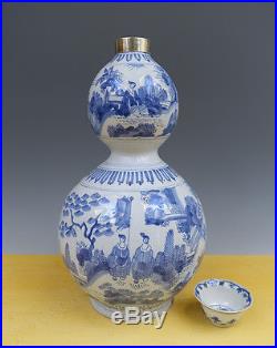 Antique Large Superb Dutch Delft Double-Gourd Vase + Silver Chinese Transition