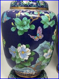 Antique Pair Large 16 TALL Chinese Brass Cloisonné Vase With Floral And Birds