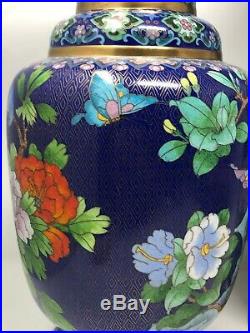 Antique Pair Large 16 TALL Chinese Brass Cloisonné Vase With Floral And Birds