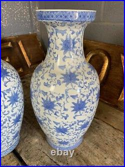 Antique Vintage Blue White Chinese Vases Pair Hand Painted Large Country House