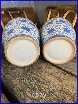 Antique Vintage Blue White Chinese Vases Pair Hand Painted Large Country House