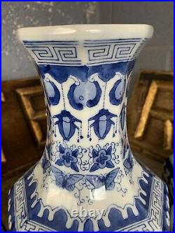 Antique Vintage Blue White Chinese Vases Pair Octagonal Large Country House