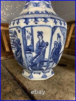 Antique Vintage Blue White Chinese Vases Pair Octagonal Large Country House