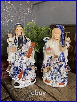 Antique Vintage Ceramic Sanxing Fu Lu Shou Lao Gods Pair Statue Large Chinese