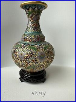 Antique Vintage Large Chinese Brass Cloisonné Enamel Vase Flowers 7 1/2 IN BOX