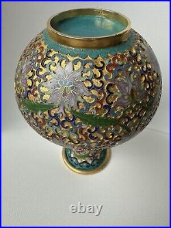 Antique Vintage Large Chinese Brass Cloisonné Enamel Vase Flowers 7 1/2 IN BOX