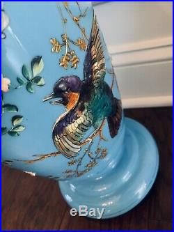Antique Vintage Oriental Large 3D Blue Vase with Flowers and Birds 18
