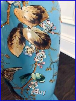 Antique Vintage Oriental Large 3D Blue Vase with Flowers and Birds 18
